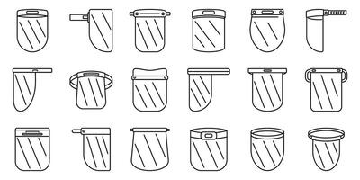 Plastic face shield icons set. Medical face shield icons showing various protective equipment for doctors and nurses protecting from virus vector