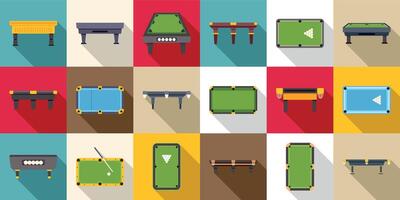 Snooker table icons set. Billiard table icons showing balls and cue representing the game of pool vector