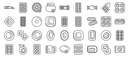 Throat lozenges icons set. Collection of line icons representing cough drops, lozenges, and breath mints in various forms and packaging vector