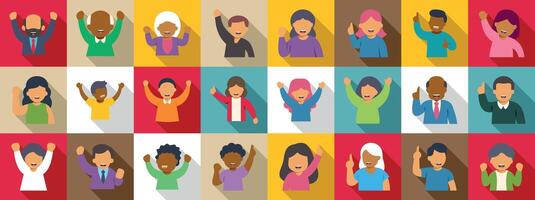 Rejoice success icons set. Diverse people cheering and celebrating with raised hands and pointed fingers vector