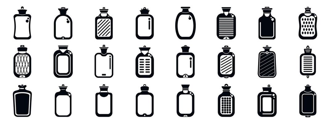 Rubber warmer icons set. Hot water bottles showing different textures and shapes for winter comfort