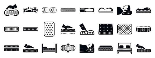 Memory foam icons set. Orthopedic mattress topper improving sleep quality and comfort vector