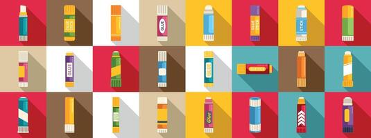 Glue stick icons set. Colorful glue stick icons showing different types of adhesive for arts and crafts vector