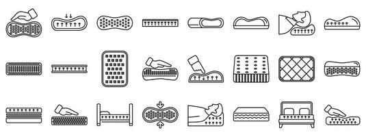 Memory foam icons set. Orthopedic mattress and pillow offering comfort and support during sleep vector