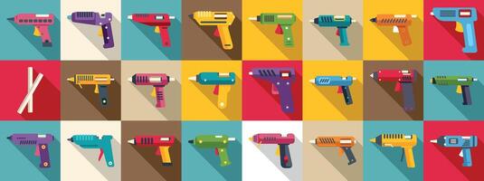 Hot melt glue icons set. Colorful collection of modern glue guns on display vector
