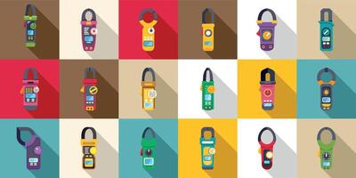 Clamp meter icons set. Electrician measuring instruments showing electrical current with clamp meter vector