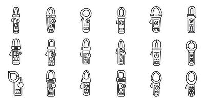 Clamp meter icons set. Electrician using clamp meter measuring electrical current icons set vector