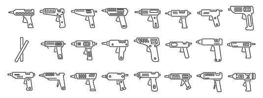 Hot melt glue icons set. Collection of various glue gun icons in line art vector
