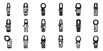 Clamp meter icons set. Electrician measuring electricity with digital clamp meter icons set vector