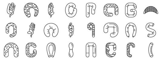 Pregnancy cushion icons set. Pregnant women using different types of pillows for comfortable sleeping vector