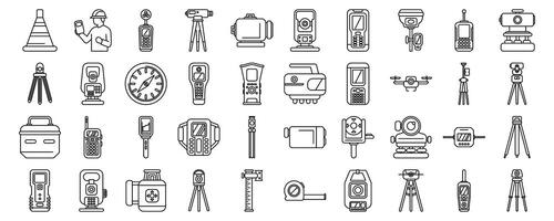 Geodetic equipment icons set. Surveyor equipment and tools icons showing geodetic instruments for measuring and mapping land vector