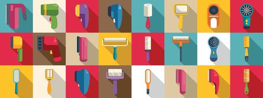 Lint remover icons set. Pet grooming tools icons set showing various devices for animal care vector