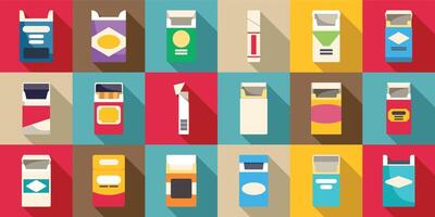 Empty pack cigarettes icons set. Colorful cigarette packs pattern representing smoking and addiction issues vector