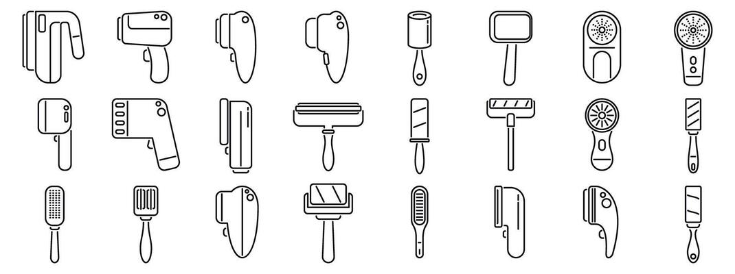 Lint remover icons set. Clothes cleaning tools icons showing lint removers, fabric shavers and brushes