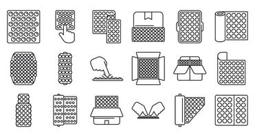 Bubble wrap package icons set. Bubble wrap protecting fragile items during shipping and handling vector