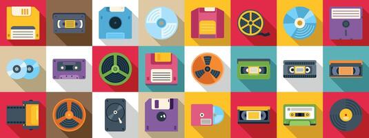 Retro media storage icons set. Retro storage devices representing data preservation and technological evolution vector