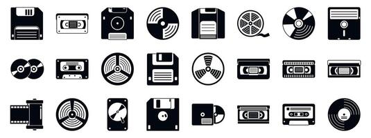 Retro media storage icons set. Retro data storage icons showing floppy disks, cassettes, vhs and vinyl records vector