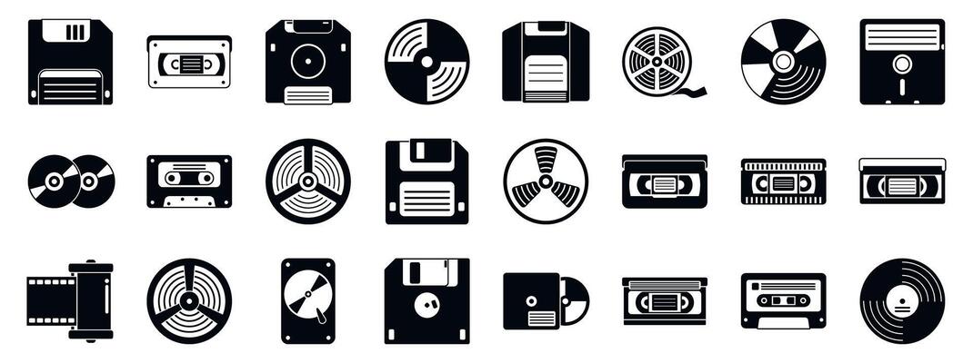Retro media storage icons set. Retro data storage icons showing floppy disks, cassettes, vhs and vinyl records