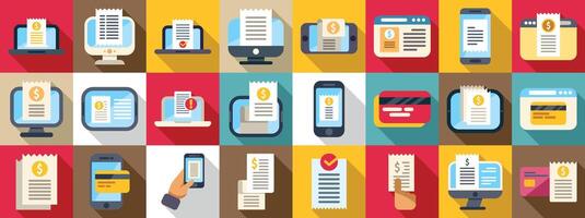 Internet invoicing icons set. Online payment, electronic bill, digital receipt icons showing mobile, computer, and website transactions vector