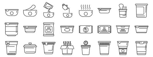 Instant soup icons set. Instant food preparation icons showing various methods and containers for quick meals vector