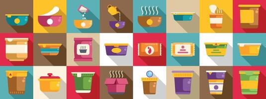 Instant soup icons set. Instant food products for fast preparation depicting bowls, cups, and containers vector