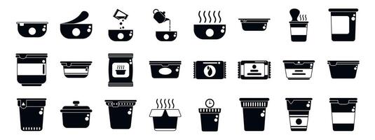 Instant soup icons set. Preparing instant noodles, pouring hot water, adding spices, and enjoying a quick meal vector