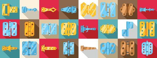 Door hinges icons set. Door hinge hardware connecting different types of doors vector