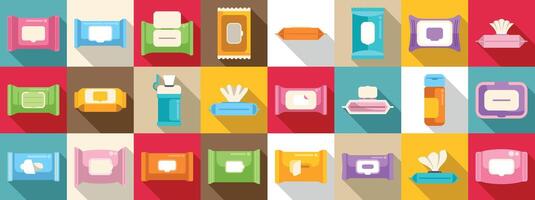 Wet wipes package icons set. Wet wipes packages showing variety of colors, shapes, and dispensing methods vector