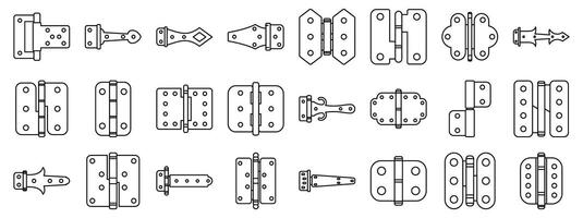 Door hinges icons set. Door hinges connecting metal plates allowing rotation providing support vector