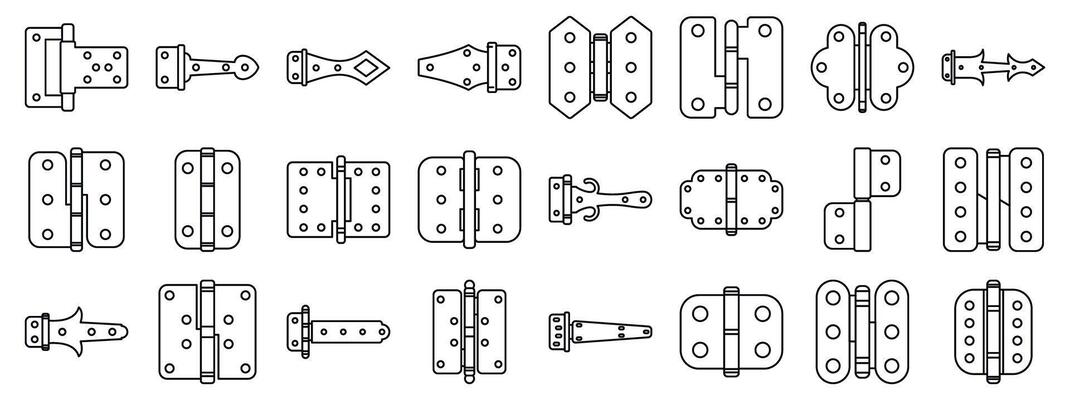 Door hinges icons set. Door hinges connecting metal plates allowing rotation providing support