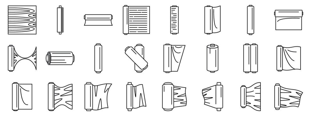 Cellophane stretch film icons set. Rolls of different materials displaying various textures and uses