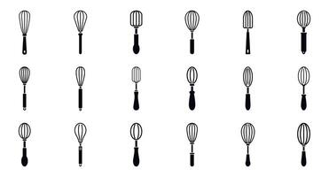 Baking whisk icons set. Set of whisk icons showing different kitchen utensils for mixing and blending ingredients vector