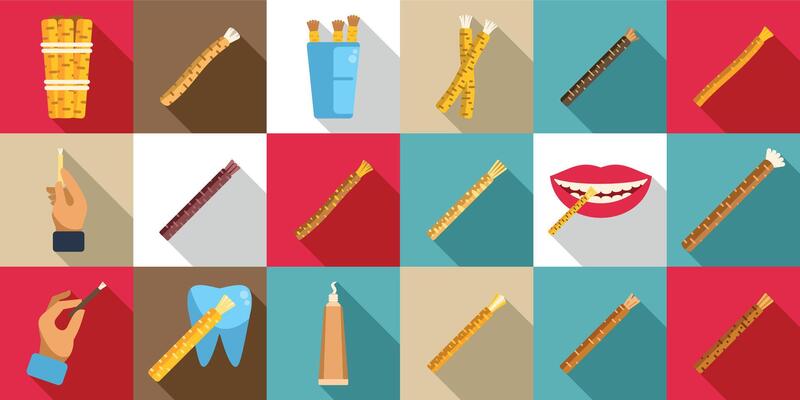 Miswak icons set. Miswak or siwak sticks for teeth brushing and dental hygiene icons set