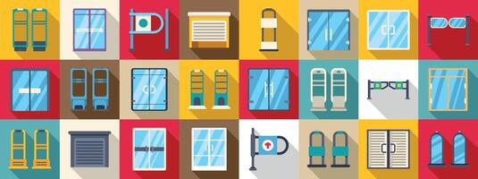 Shop entrance gate icons set. Various public transportation signage and structures displayed vector