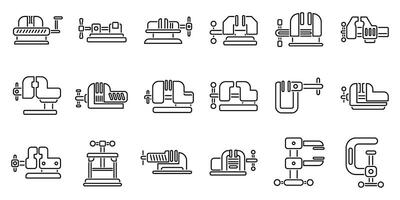 Machine vice icons set. Collection of minimalistic industrial machine icons vector