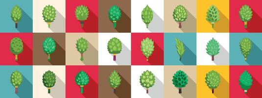 Birch broom icons set. Colorful pattern of various stylized trees vector