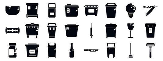 Sharps container icons set. Collection of various waste disposal icons in black vector