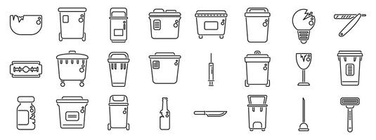 Sharps container icons set. Hazardous waste icons representing correct disposal methods for various materials vector