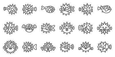 Puffer fish icons set. Pufferfish icons showing inflated fish in various poses and angles vector
