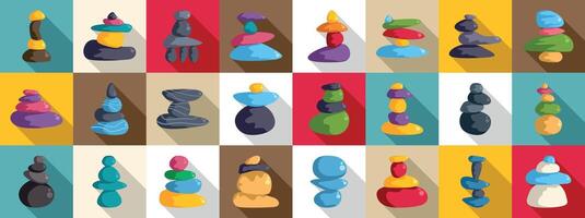 Balancing stone icons set. Balancing stones representing stability, harmony and wellness in various arrangements vector