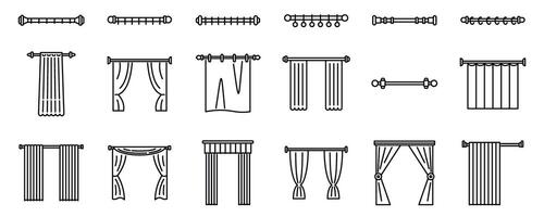 Cornice curtains icons set. Curtain rods and curtains, showing various styles and hanging methods vector