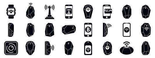 Beacon technology icons set. Beacons and smart tags connecting devices wirelessly, enhancing location tracking and item finding vector