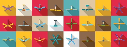 Ceiling fan icons set. Ceiling fans with different blade shapes and colors rotating vector