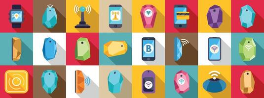 Beacon technology icons set. Beacons and keyless entry icons set showing wireless technology vector
