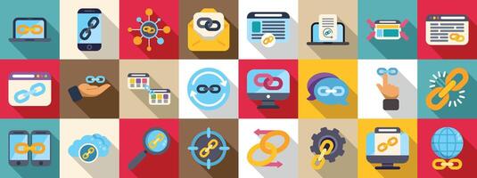 Backlink icons set. Backlink building strategy and seo link building icons showing link building process vector