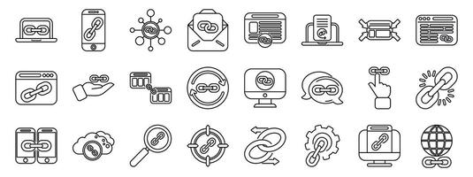 Backlink icons set. Hyperlink icons showing connection, website, and sharing of online content vector