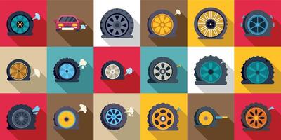 Punctured wheel icons set. Flat tire icons set showing various causes of damage and deflation, including punctures, blowouts, and impacts vector