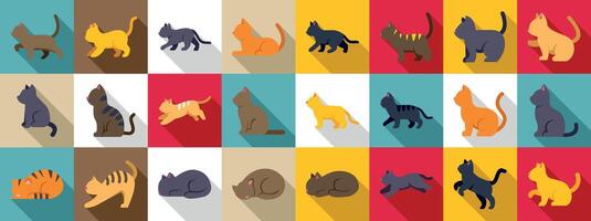 Behavior cat icons set. Cute cats posing and playing in colorful background, flat design icons set vector