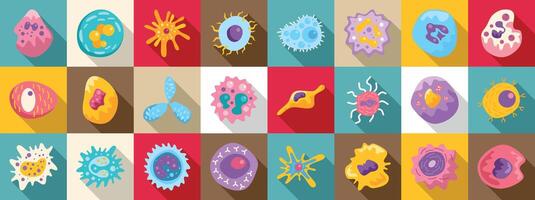 Immune system cells icons set. Immune system cells protecting body against pathogens and diseases vector
