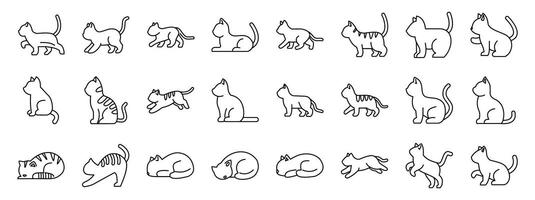 Behavior cat icons set. Collection of cat poses in simple line art showing different actions vector